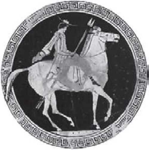 Всадник с двумя копьями. Изображение в медальоне краснофигурного килика. V в. до н. э.