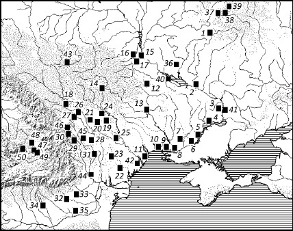 Карта черняховских памятников гуннского времени по М. Казанскому 