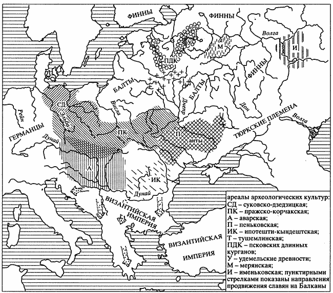 Карта археологических культур 6 века по В. Седову 