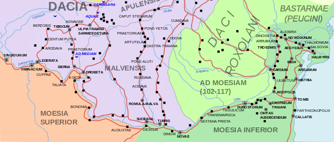 Карта римской провинции Дакия. Город Туррис лежит на Дунае, на границе Дакии и Нижней Мезии