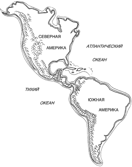 Карта Америки. Горы хребта, простирающегося с севера на юг, занимают всю площадь Центральной Америки.
