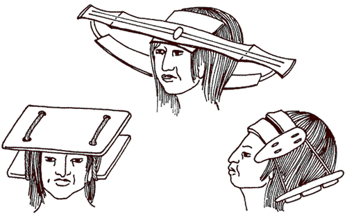 У майя существовал обычай придавать плоскую форму черепам младенцев при помощи крепко стянутых веревками дощечек. На рисунке можно видеть некоторые способы того, как они это делали.