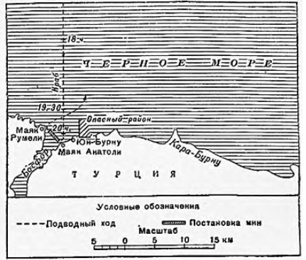 Рис. 28. Подводный курс и постановка мин подводным заградителем «Краб» 27 июня 1915 г.