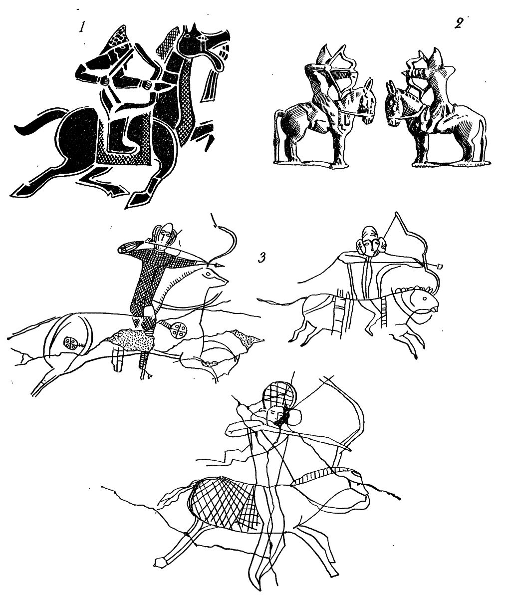 Таблица XVIIIa: 1 — изображение гунна на китайском рельефе; 2 — фигурки гуннских всадников (Монголия); 3— граффити Дура-Эвропоса.