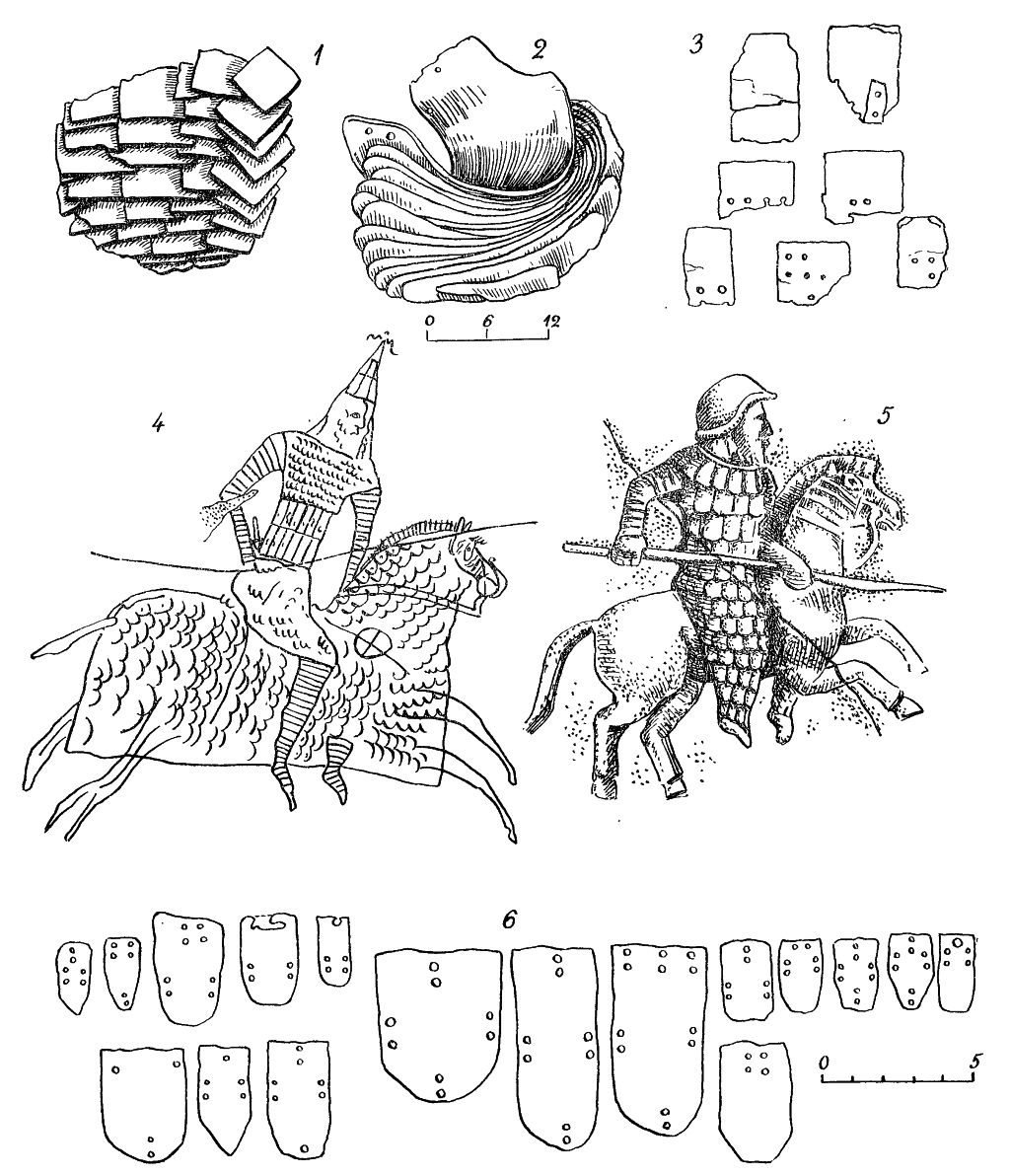Таблица XXIX: 1, 2, 3 — Чирик-Рабат; 4— граффити из Дура-Эвропоса; 5-терракота из Британского музея; 6 — панцирные чешуйки из римских провинций (по Тордеману).