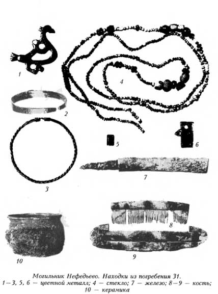 Могильник Нефедьево. Находки из погребения 31. 1 —3, 5, 6 — цветной металл; 4 — стекло; 7 — железо; 8 — 9 — кость; 10 — керамика<br>