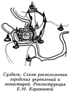 Суздаль. Схема расположения городских укреплений и монастырей. Реконструкция Е.М. Караваевой<br>