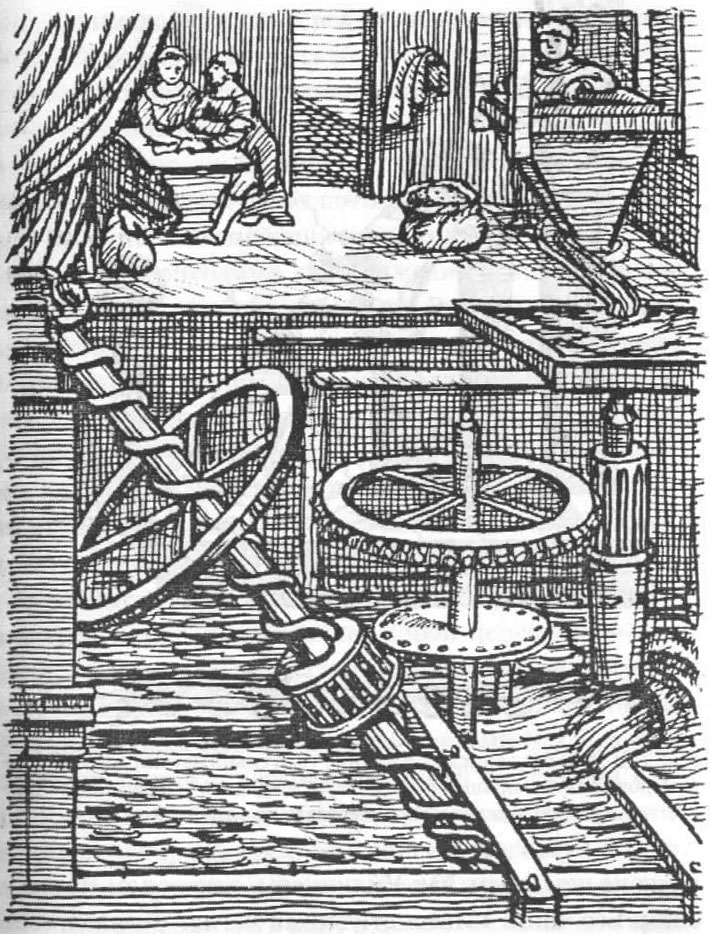 Георг Адреас Беклер описал большое количество самодвижущихся мельниц на основе винта Архимеда. На этом рисунке изображено устройство, в котором винт Архимеда применён для подъёма воды, а колесо, напоминающее турбину, - для вращения жерновов мельницы