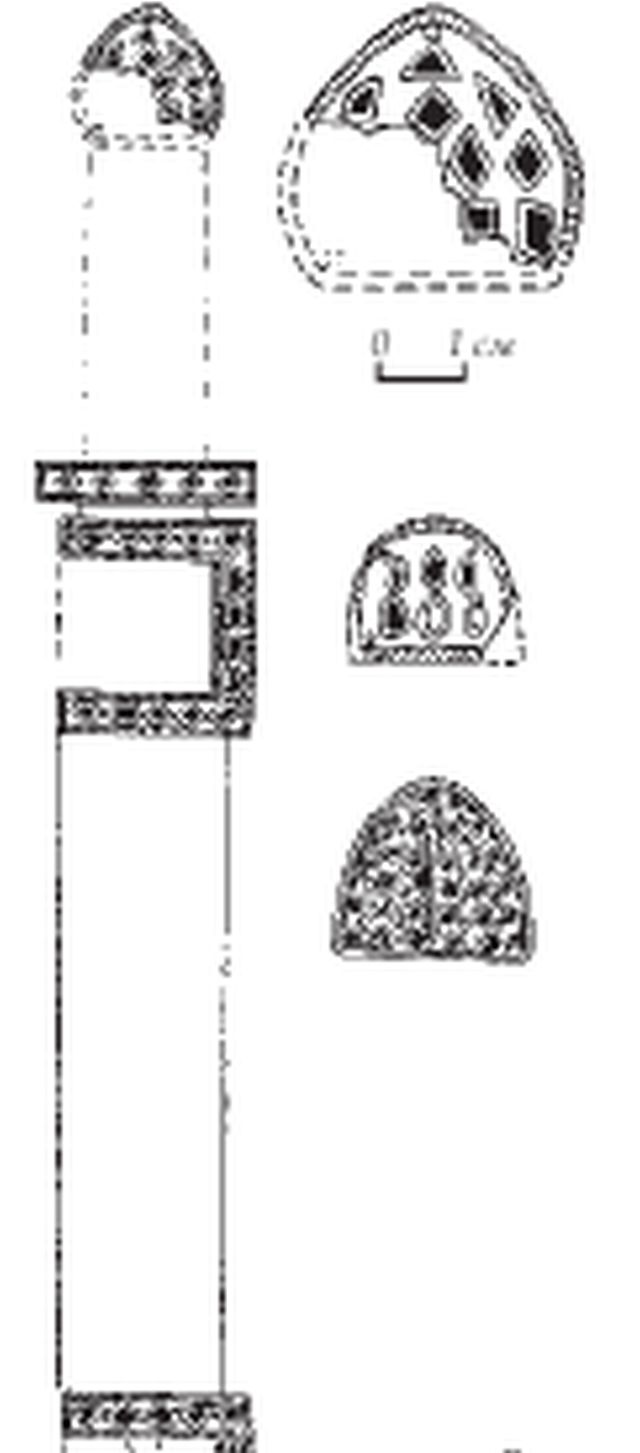 Реконструкция внешнего вида кинжала, обнаруженного в могиле V111 Новогригорьевского м.огильника, и обкладки наверший кинжалов из Щербатой котловины и Кучугуры. V в.