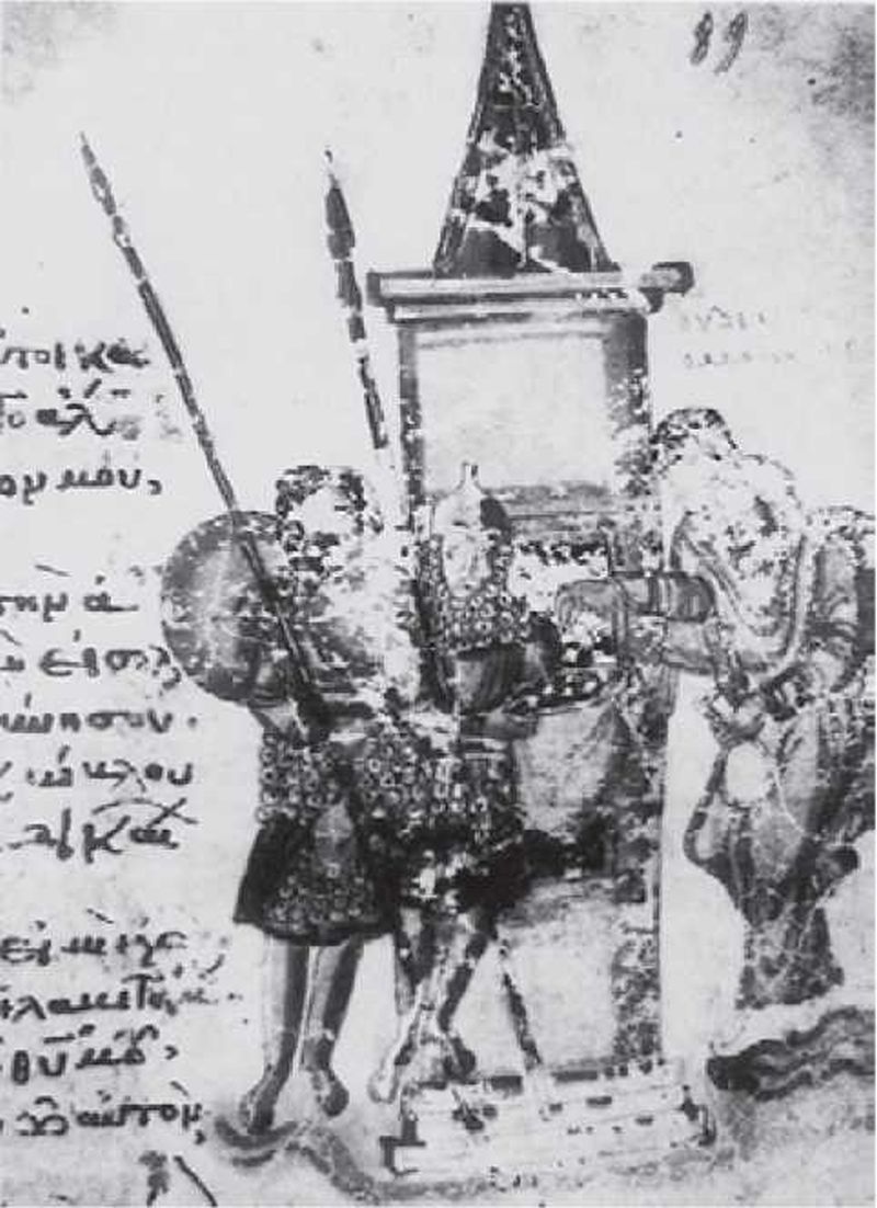Изображение византийских гвардейцев конца IX в. Манускрипт №61. Хранится в монастыре Пантократора