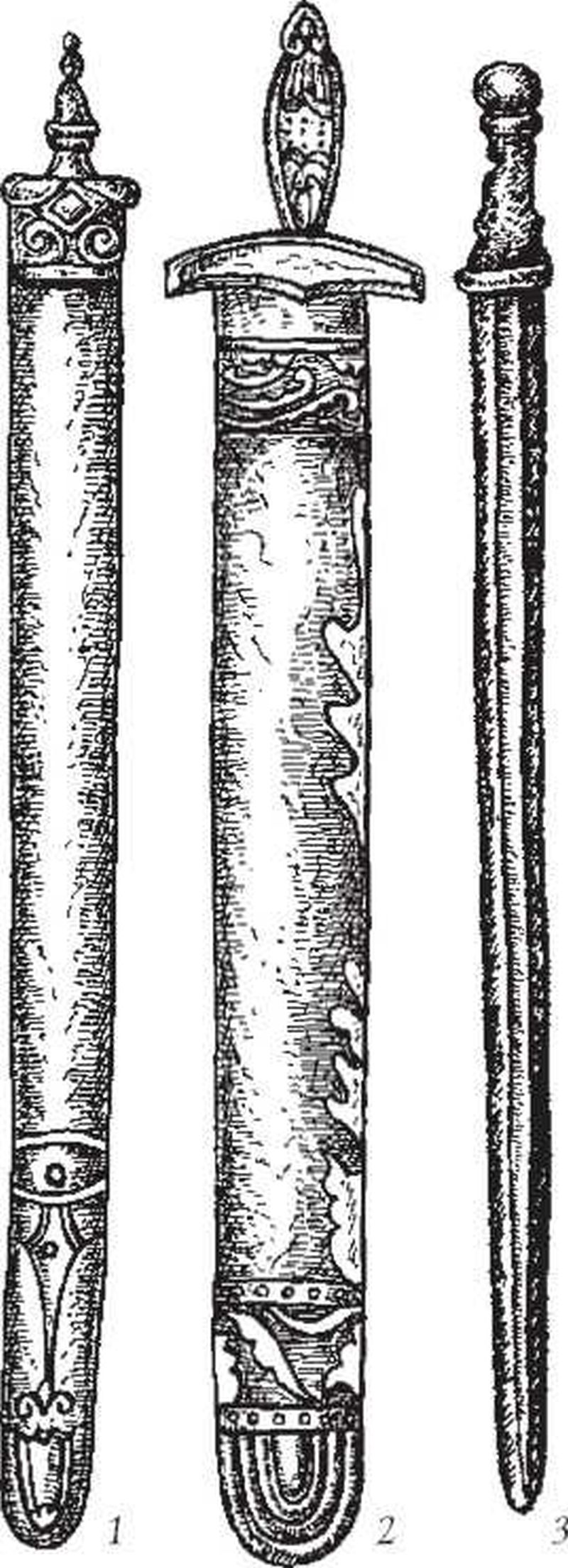 Мечи 1X—X вв., найденные на территории Грузии и Армении. Конструкция данных мечей соответствует многочисленным изображениям данного оружия, встречающегося на византийских произведениях искусства (миниатюрах, фресках, пластике). 1—2 — мечи, обнаруж.енны.е в Грузии; 3 — меч из Ани,, Армения