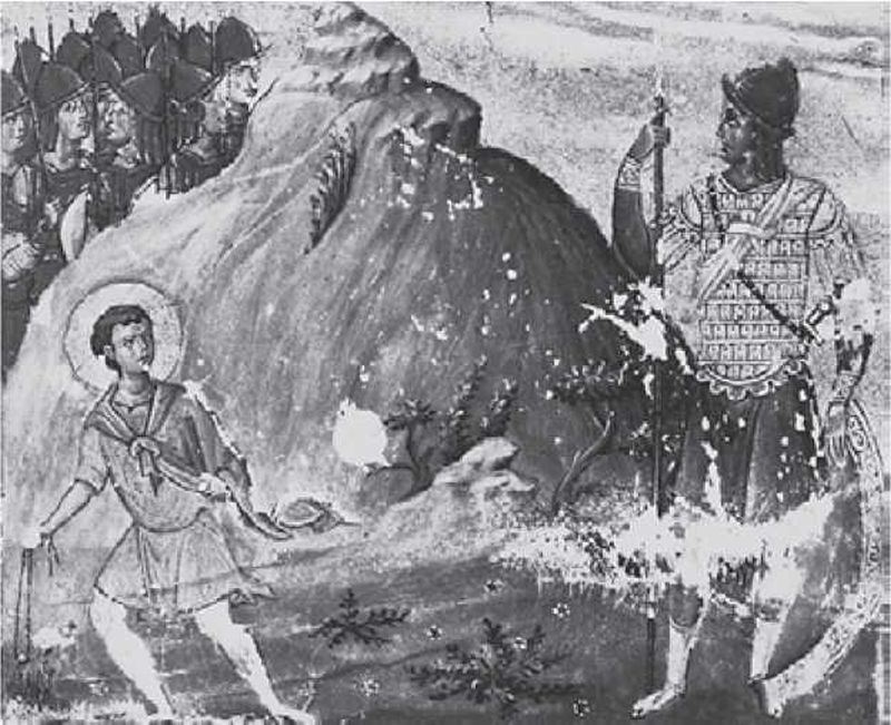 Сцена сражения между Давидом и Голиафом из «Менолгиума» Василия 11. Начало IX в. Национальная библиотека в Венеции