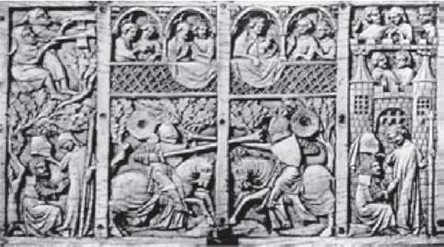Турнир. Костяная накладка на шкатулку. Франция, конец XIII — начало XIV вв. Лувр