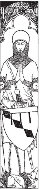 Надгробие неизвестного рыцаря.. Франция, 1320—1330 гг. Ноги прикрыты кольчужными чулками и поножами. Поверх рукавов кольчуги пришнурованы дисковидны.е налокотники