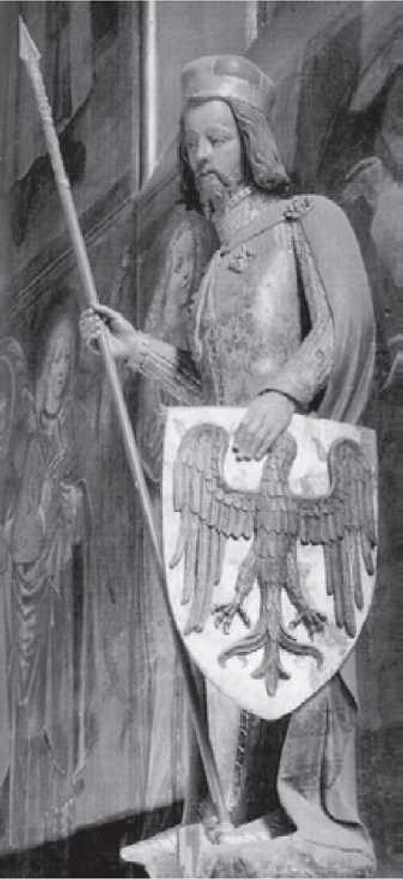 Статуя св. Вацлава.1380-е гг. Примитивные кольчужные рукава сочетаются в едином комплексе с развитыми латными поножами и башмаками,, что характеризует состояние чешского воинского убора конца XIV в. в целом