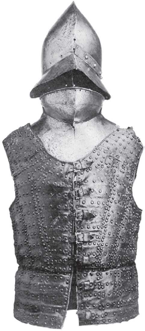 Полудоспех. Испания или Италия(?), 1470 — 1500 гг. Парижский музей армиии. Полудоспех состоит из бригандины и кабасета с подбородником. Покрышка бригандины. обтянута кож.ей, и это позволяет предположить, что ее реставрировали в XIX в.