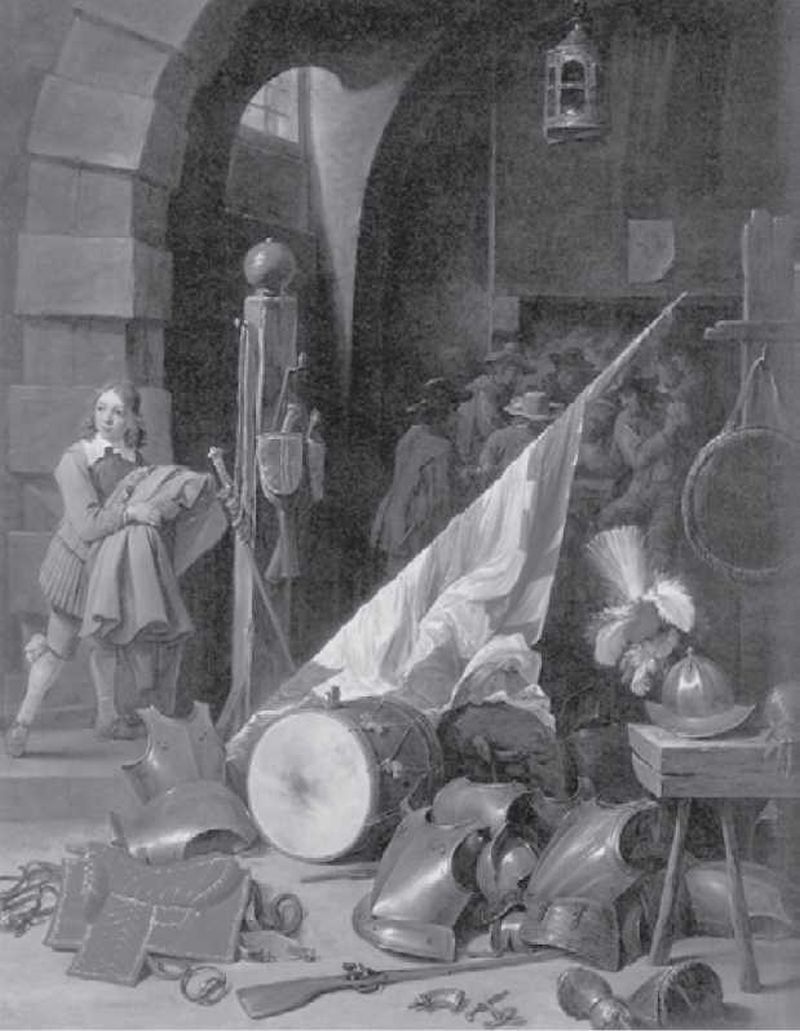 Караульня. Фландрия,1640-е гг. Дэвид Тенирс Младший (1610 -1690 гг.). На картине преимущественно изображено конное вооружение, хотя имеются и пехотные образцы, напри-мер, шлем «кабасет» в нижнем углу полотна или кремниевое ружье. На столбе висят пистолеты в ольстрах и шпага. На полу разложены кирасы. Отм.етим офицерскую кирасу с набедренниками, покрытую травле¬ными и золочеными орнам.ентальны- ми полосами. Геом.етрические особен¬ности и характер отделки указыва¬ют на миланское происхождение данного предмета
