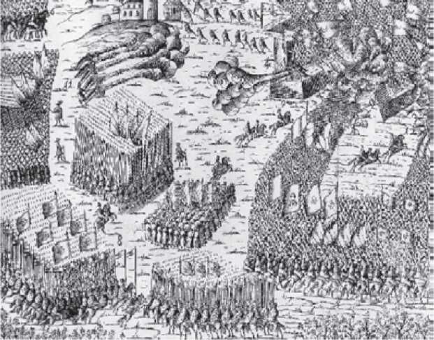 Войска короля Яна III Собеского осаждают турецкую крепость. Гравюра. 1673 г. В нижней части изображены «панцерные» — средняя конница со щитами и копьями