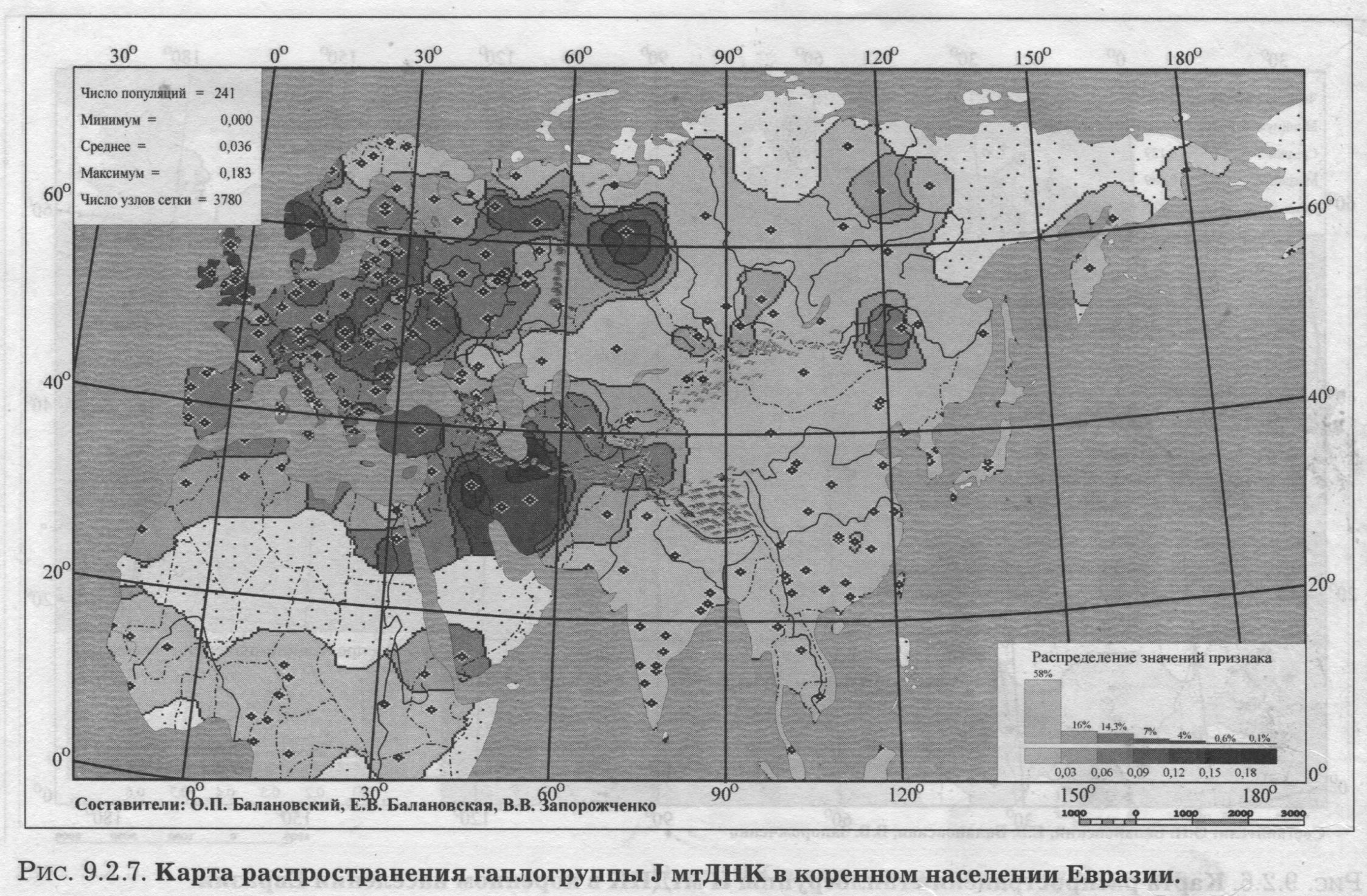 Рис. 9.2.7. Карта распространения гаплогруппы J мтДНК в коренном населении Евразии.
