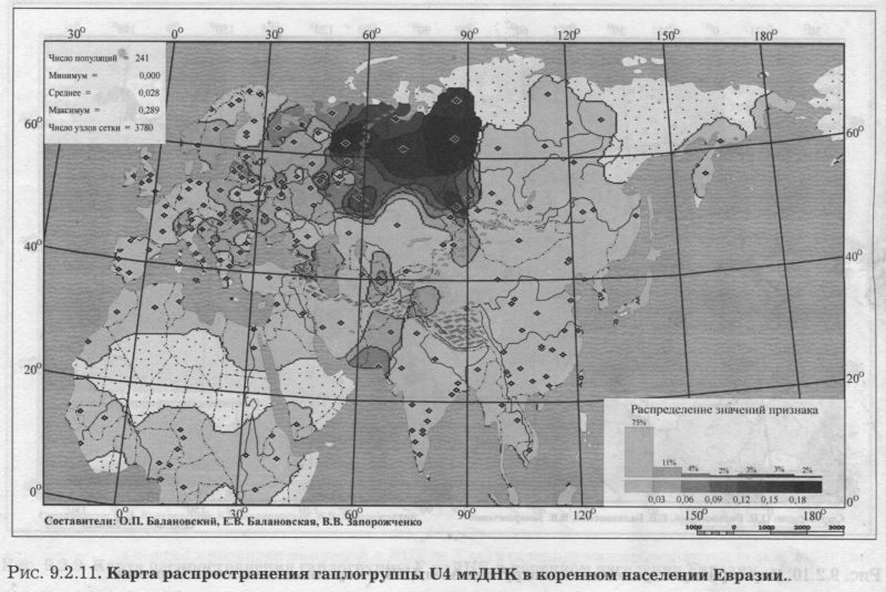Рис. 9.2.10. Карта распространения гаплогруппы А мтДНК в коренном населении Евразии.