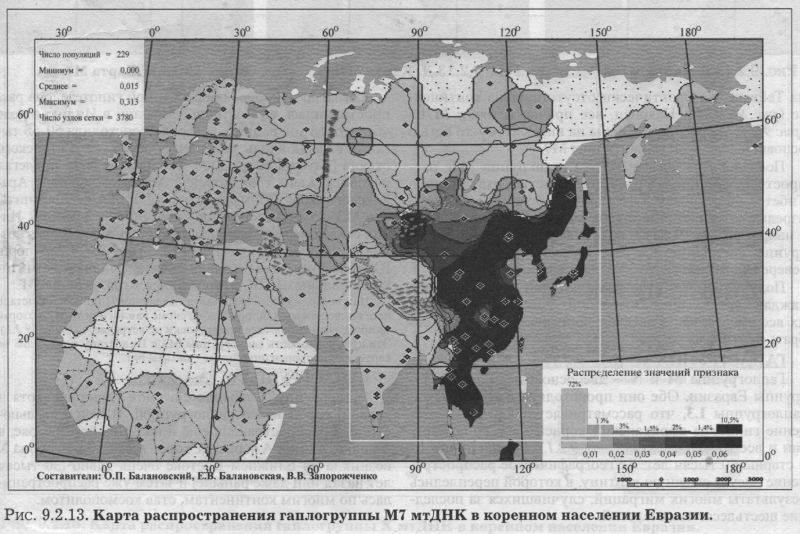 Рис. 9.2.13. Карта распространения гаплогруппы Ml мтДНК в коренном населении Евразии.
