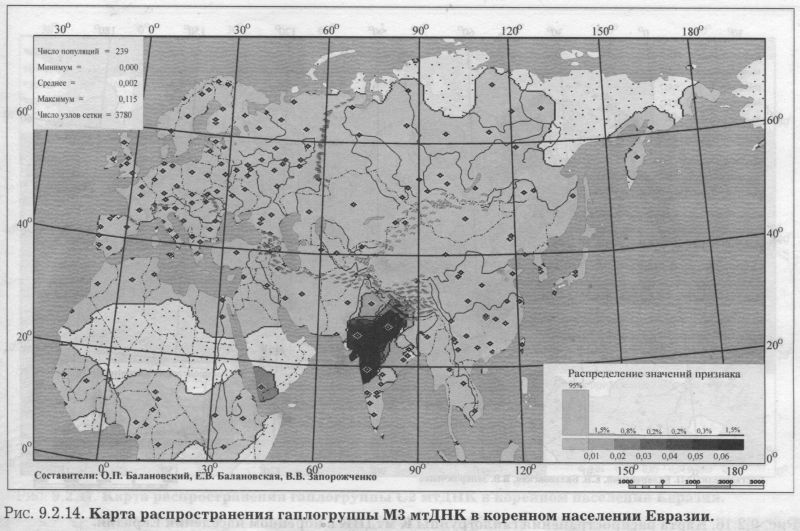 Рис. 9.2.14. Карта распространения гаплогруппы М3 мтДНК в коренном населении Евразии.