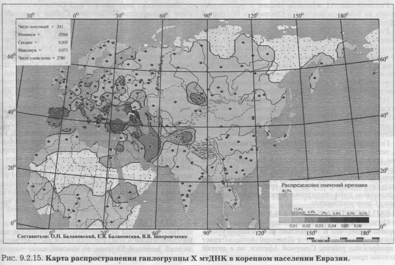 Рис. 9.2.15. Карта распространения гаплогруппы Ml мтДНК в коренном населении Евразии.