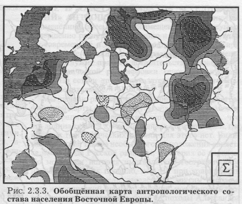 Рис. 2.3.3. Обобщённая карта антропологического состава населения Восточной Европы.