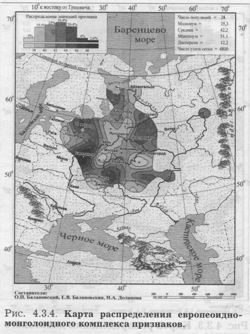 Рис. 4.3.4. Карта распределения европеоидно-монголоидного комплекса признаков.