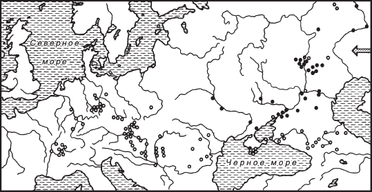 Карта находок деформированных черепов в Европе по Т. Сулимскому