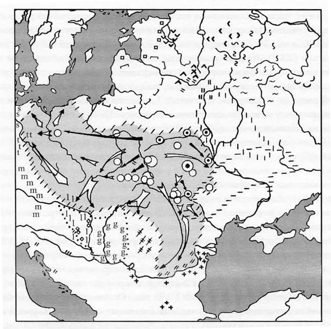  Пражская культура по И. Гавритухину: Кружками с точками обозначены древнейшие поселения 