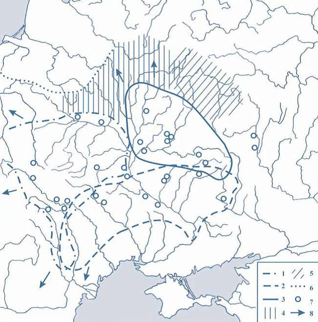  Карта археологических культур V–VII вв.: по Р. Терпиловскому:
