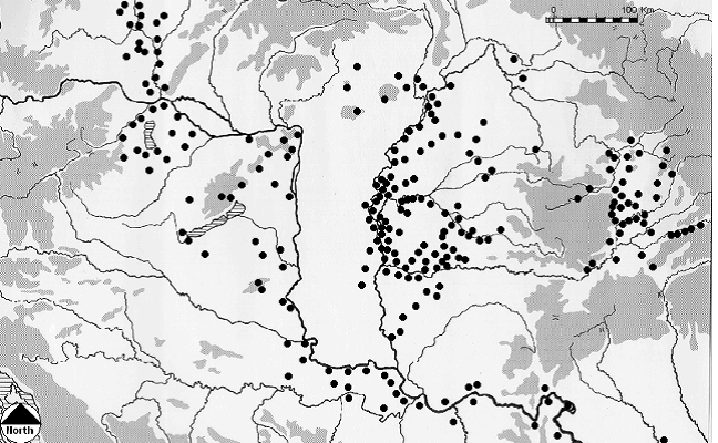Карта находок 5-6 века в Среднем Подунавье по Ф. Курта