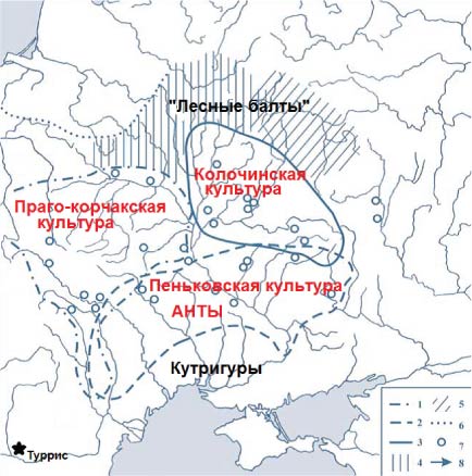 Карта археологических культур 5 века по Р. Терпиловскому (с дополнениями автора)