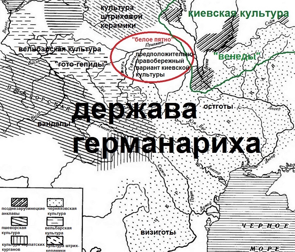 Карта археологических культур начала нашей эры И. Русановой с дополнениями автора