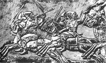 Стреляющий всадник. Фрагмент барельефа из ассирийского дворца в Нимруде. VII в. до н. э.