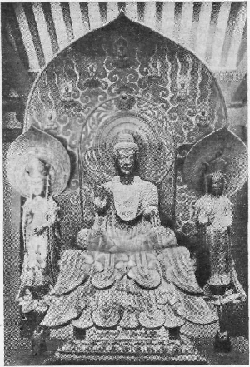 Триада Шакья Муни из храма Хорюдзи (позолоченная бронза, 623 г.)