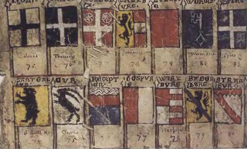 7. Гербовые знамена из Цюрихского гербовника (Цюрих, ок. 1330-1335).