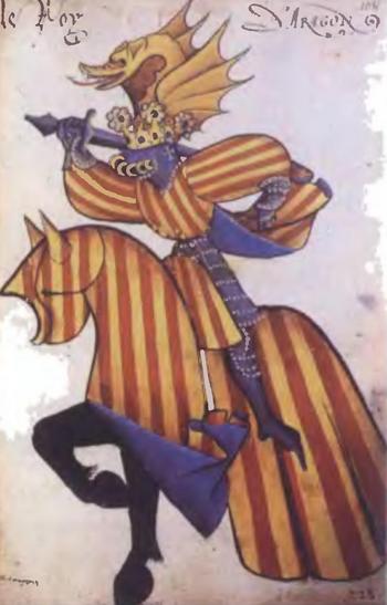27. Нашлемник с драконом. Конный портрет короля Арагона из «Большого гербовника ордена Золотого Руна» (Лилль, ок. 1435).