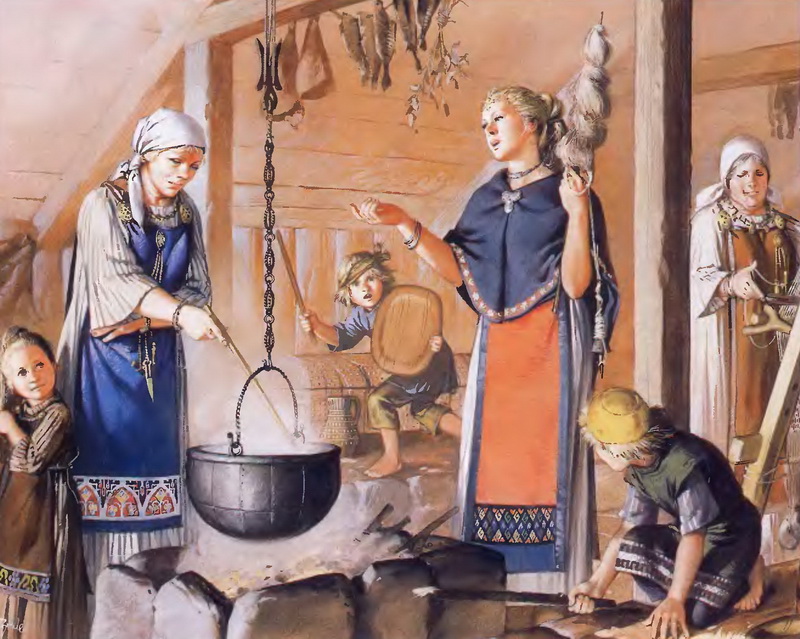 Женщины викингов в IX-X столетиях. На иллюстрации женщины викингов, занятые обычной для них домашней работой, изображены в типичной для того периода одежде.