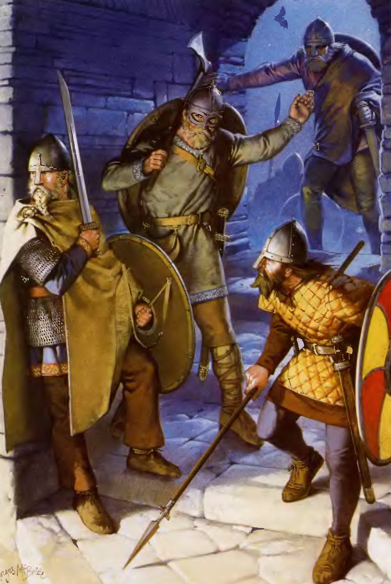 Изображенные здесь викинги демонстрируют одежду, типичную для них в IX—X столетиях. Обратите внимание на различия в рубахах, шлемах и штанах. Мечи, секиры, копья и щиты являлись основным вооружением воинов.