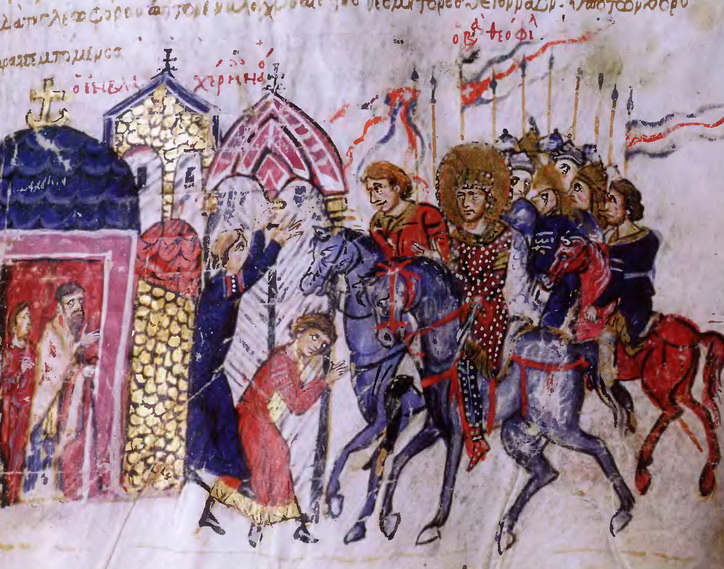 Императорская стража с византийского манускрипта, хранящегося в Мадриде, состоит из чужестранцев, включая франков, руссов, германцев и викингов (Национальная библиотека, Мадрид).