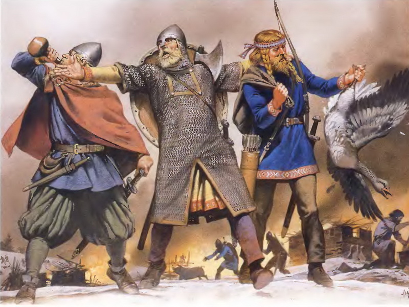 Воины-викинги в ходе рейда. На них типичные для IX-X столетий облачения, хотя кольчуга на центральном персонаже в большей степени атрибут уже XI века. Обратите внимание на то, что у воина справа имеется лук со стрелами.