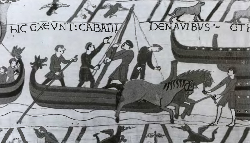 Кони, транспортируемые на кораблях викингов, как изображено это на вышитом полотне из Байё (норманны, конечно же, являлись потомками викингов, однако называть их корабли кораблями викингов, несмотря на большое сходство, все же несколько неверно. -Прим. пep.).
