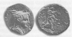 Рис. 71. Богиня в волчьем шлеме и Ника. Монета Амиса II-I вв. до н.э.