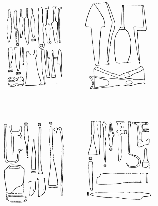 Рис.15 Железные орудия труда для сельскохозяйственных и ремесленных работ,найденные при раскопках римской виллы в Испании