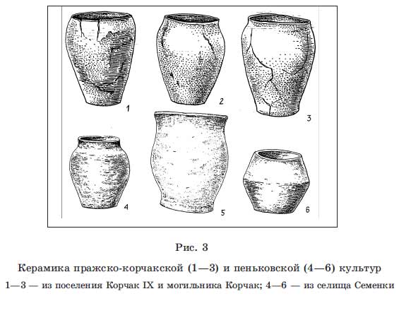 Керамика пражско-корчакской (1—3) и пеньковской (4—6)