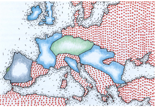 Карта иллюстрирует наиболее распространенную гипотезу расселения кельтов в Центральной Европе (зеленый) цвет), дальнейшую экспансию (голубой) и регион Пиренейского полуострова, занятый кельтиберами (серый).