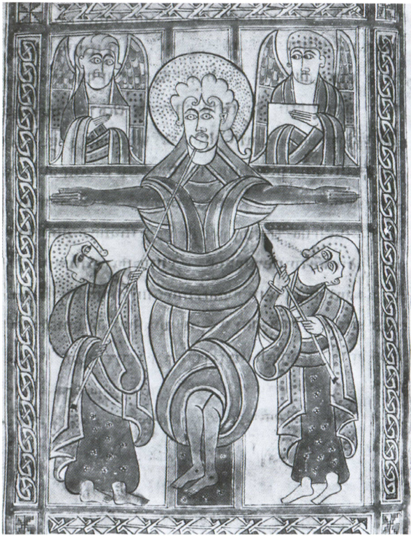 Распятие в евангелии св. Галлена, принадлежавшее нонаху Туотилу. Это яркий пример «нового изображения человека», которое выработали ирландские монахи и которое строители использовали при украшении соборов.