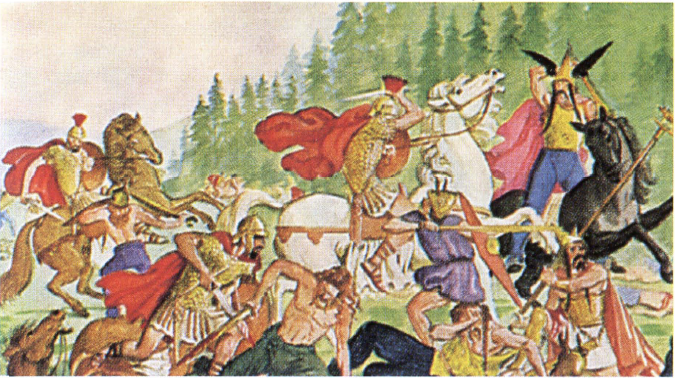 На иллюстрации воины - аквитаны, срожающиеся вместе со своим вождем. Реконструкция картины Либиха из серии Галлия перед Юлием Цезарем.
